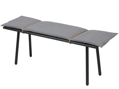 Banc Georg, Structure : chêne laqué noir ,  Coussin d'assise : gris clair avec bande en cuir marron