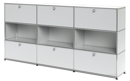Meuble haut Highboard XL USM Haller, personnalisable, Argent mat USM, Avec 3 portes abattantes, Ouvert, Avec 3 portes abattantes