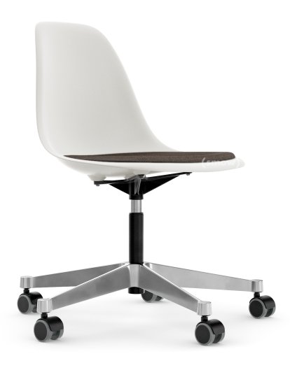 Eames Plastic Side Chair RE PSCC, Blanc non-RE, Avec coussin d'assise, Gris chaud / marron marais