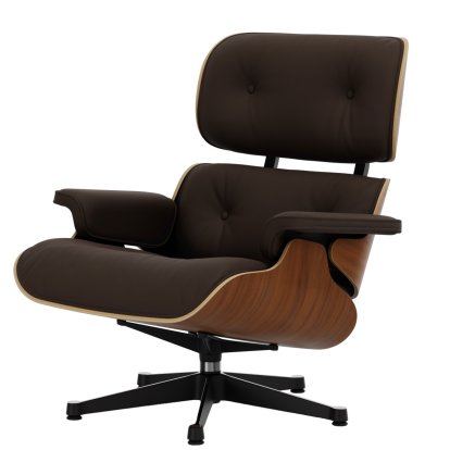 Eames Lounge Chair, Noyer naturel, Cuir Premium F marron, 84 cm - Hauteur originale de 1956, Aluminium poli, côtés noirs