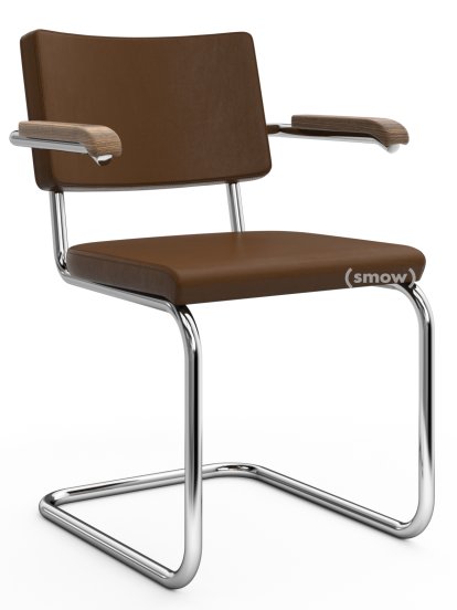 Chaise cantilever S 64 PV Pure Materials, Cuir Nappa marron moyen, Noyer, Chromé, Sans patins
